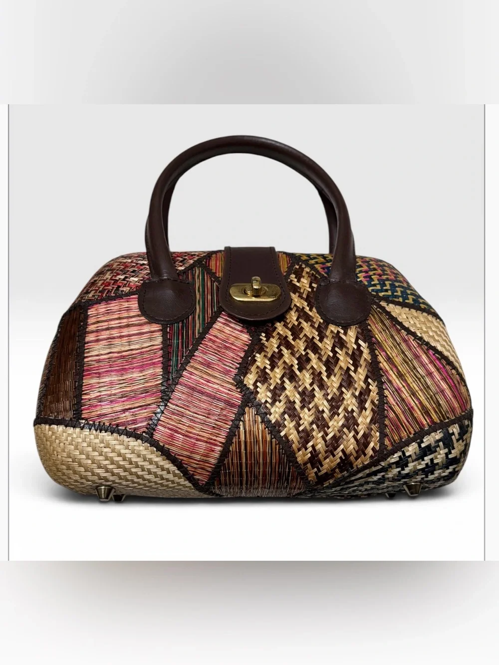 Vintage Patchwork Woven Straw Handbag Multicolor Boho Top Handle Satchel Bag